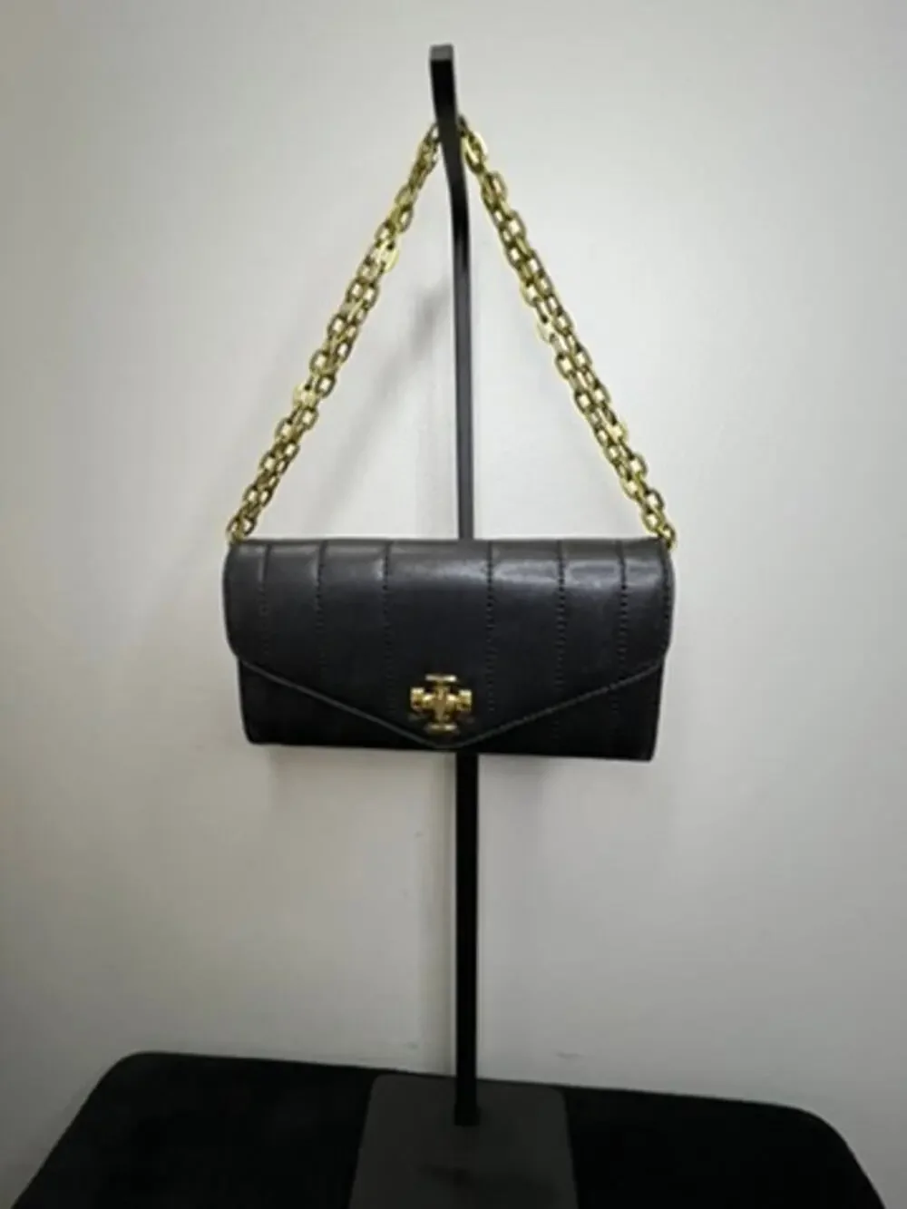 Tory Burch Kira Moto Quilt Black Leather Chain Wallet Crossbody Bag